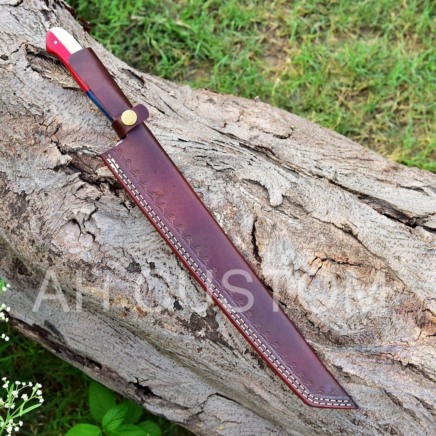 15"HAND FORGED DAMASCUS STEEL BUTCHER TANTO CHEF KNIFE & TEXAS FLAG HANDLE