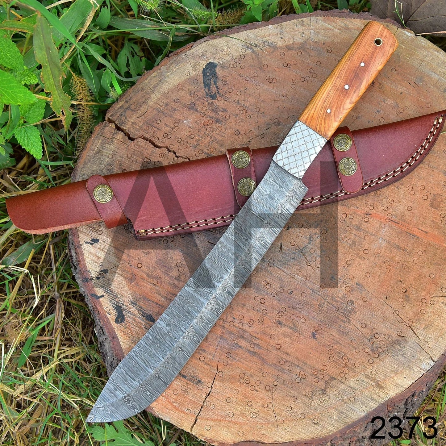 15" Handmade Damascus Steel Brisket & Butcher Chef Knife – Wood Handle with Leather Sheath 2373