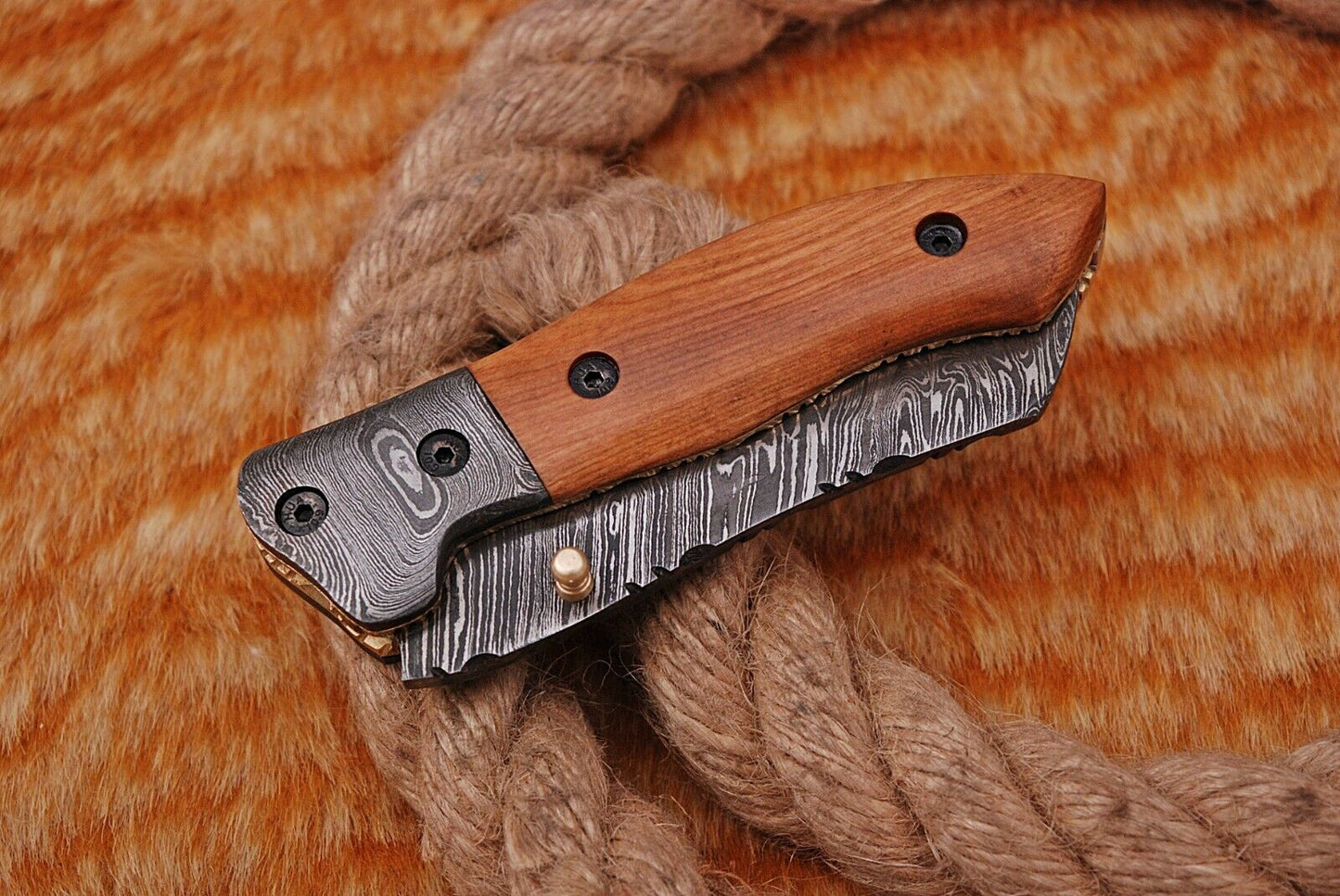 Handmade Hand Forged Damascus Steel Folding Hunting Tactical Knife With Wood Handle & Sheath Everyday Carry Knife Folding Knife Groomsmen Gift Gift For Him Wedding Gift Tactical Survival Pocket Knife 1370