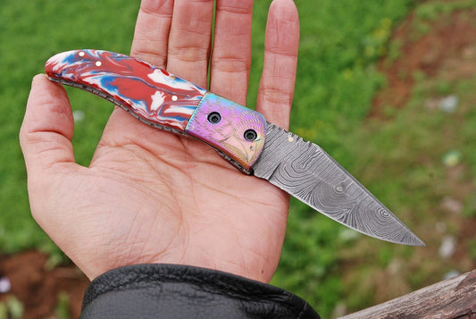 Hand Forged Damascus Steel Folding Pocket Knife with Risen & Bolster Handle – 512 Layers EDC Knife with Leather Sheath 1602