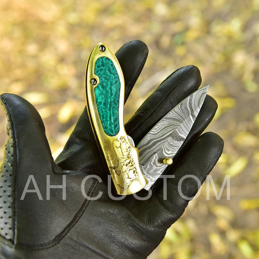 Custom Handmade Damascus Steel Folding Pocket Knife with Brass Handle – 512 Layers EDC Knife with Leather Sheath 2330