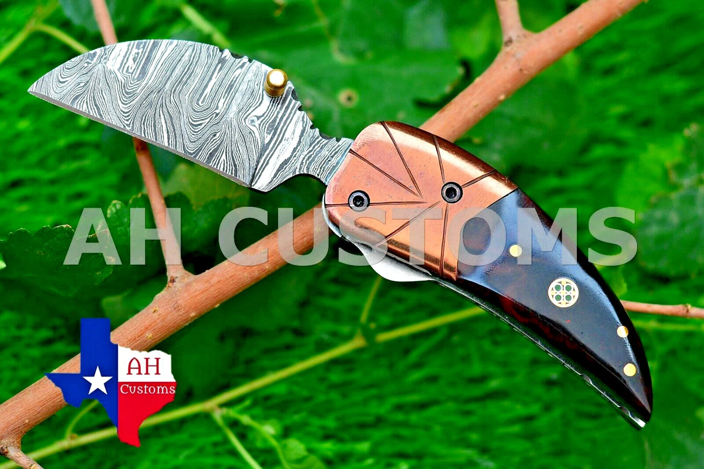 Handmade 512-Layer Damascus Steel Folding Pocket Knife with Resin & Copper Bolster Handle and Leather Sheath