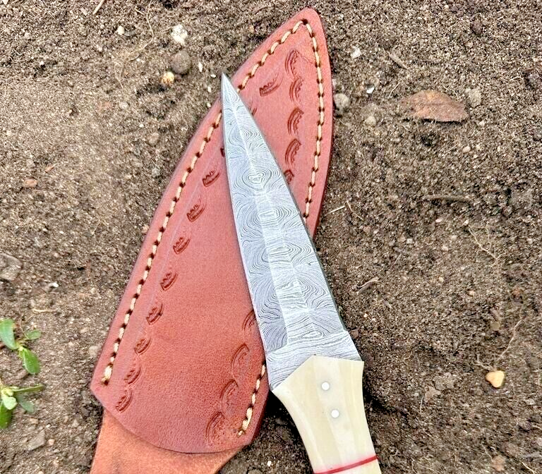 Handmade Damascus Steel Double Edged Dagger Everyday Carry Anniversary Gift For Him Groomsmen Gift Collectible Knife Camel Bone Handle