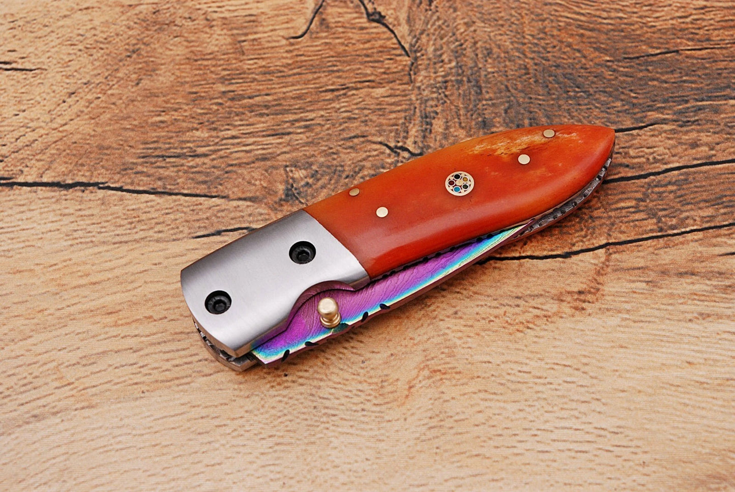 Handmade 512-Layer Damascus Steel Folding Pocket Knife with Bone Handle & Leather Sheath