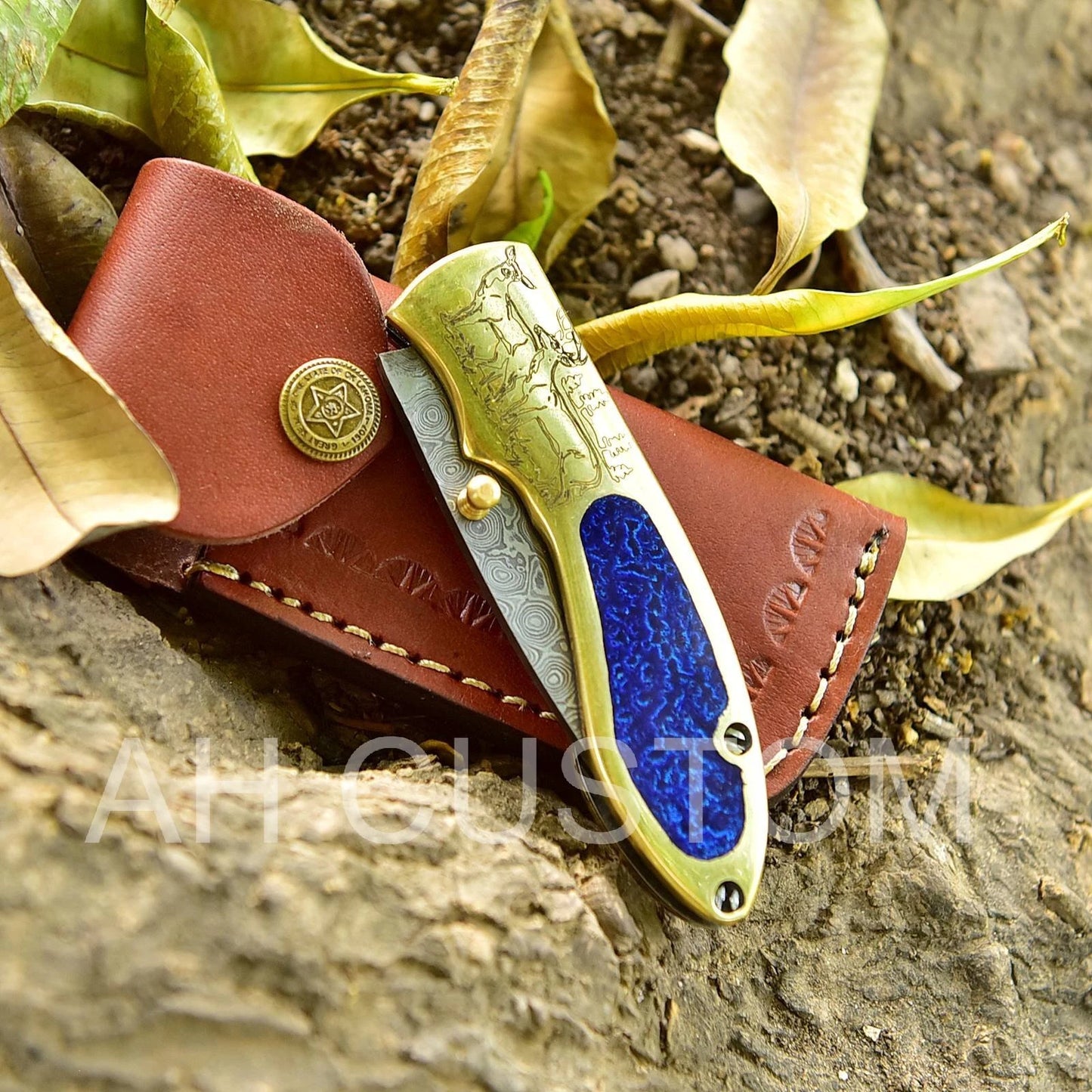 Premium Custom Handmade Damascus Folding Pocket Knife – Brass Handle | 512 Layers | Leather Sheath Included