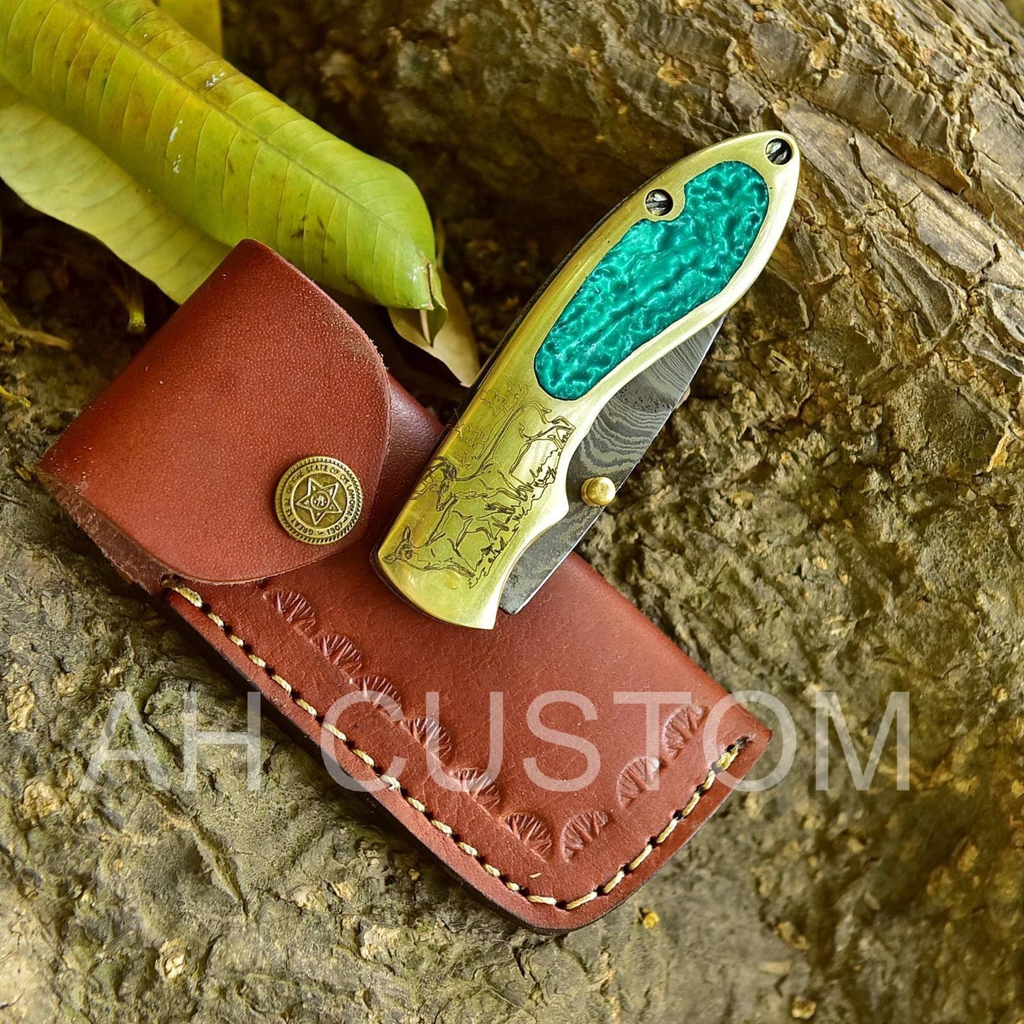 Custom Handmade Damascus Steel Folding Pocket Knife with Brass Handle – 512 Layers EDC Knife with Leather Sheath 2330