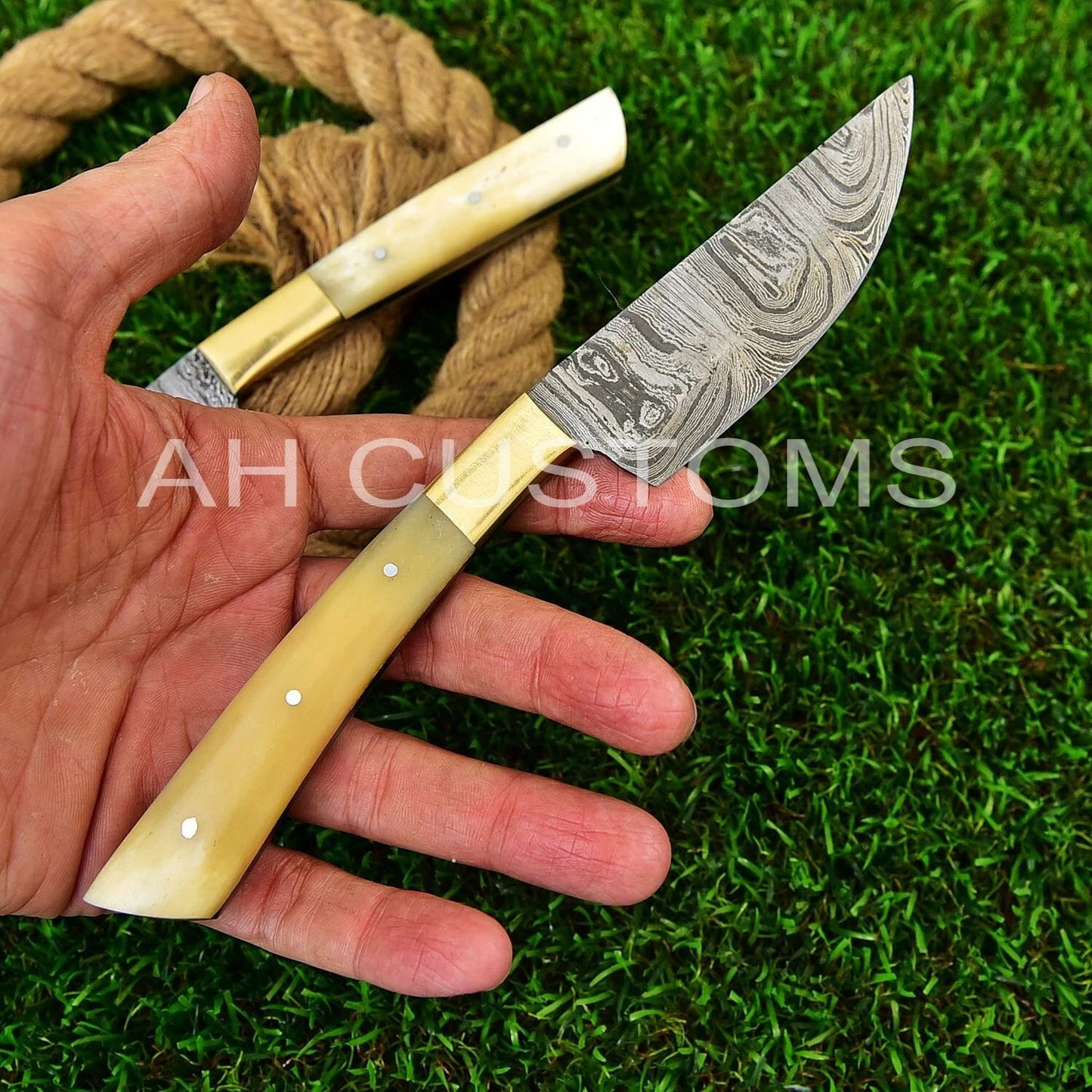 Handmade Damascus Steel Steak Knife Kitchen Set with Bone & Brass Handle – 512 Layers Twist Pattern Chef Knives