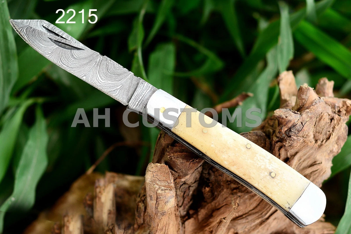 Custom Handmade 512-Layer Damascus Steel Double Blade Trapper Folding Pocket Knife with Camel Bone Handle