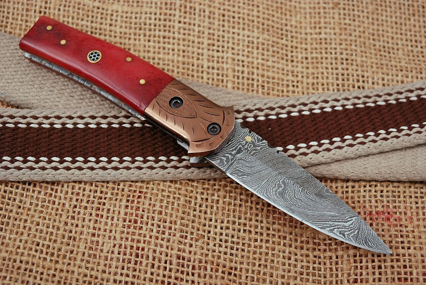 Handmade 512-Layer Damascus Steel Folding Pocket Knife with Bone & Copper Bolster Handle – Leather Sheath