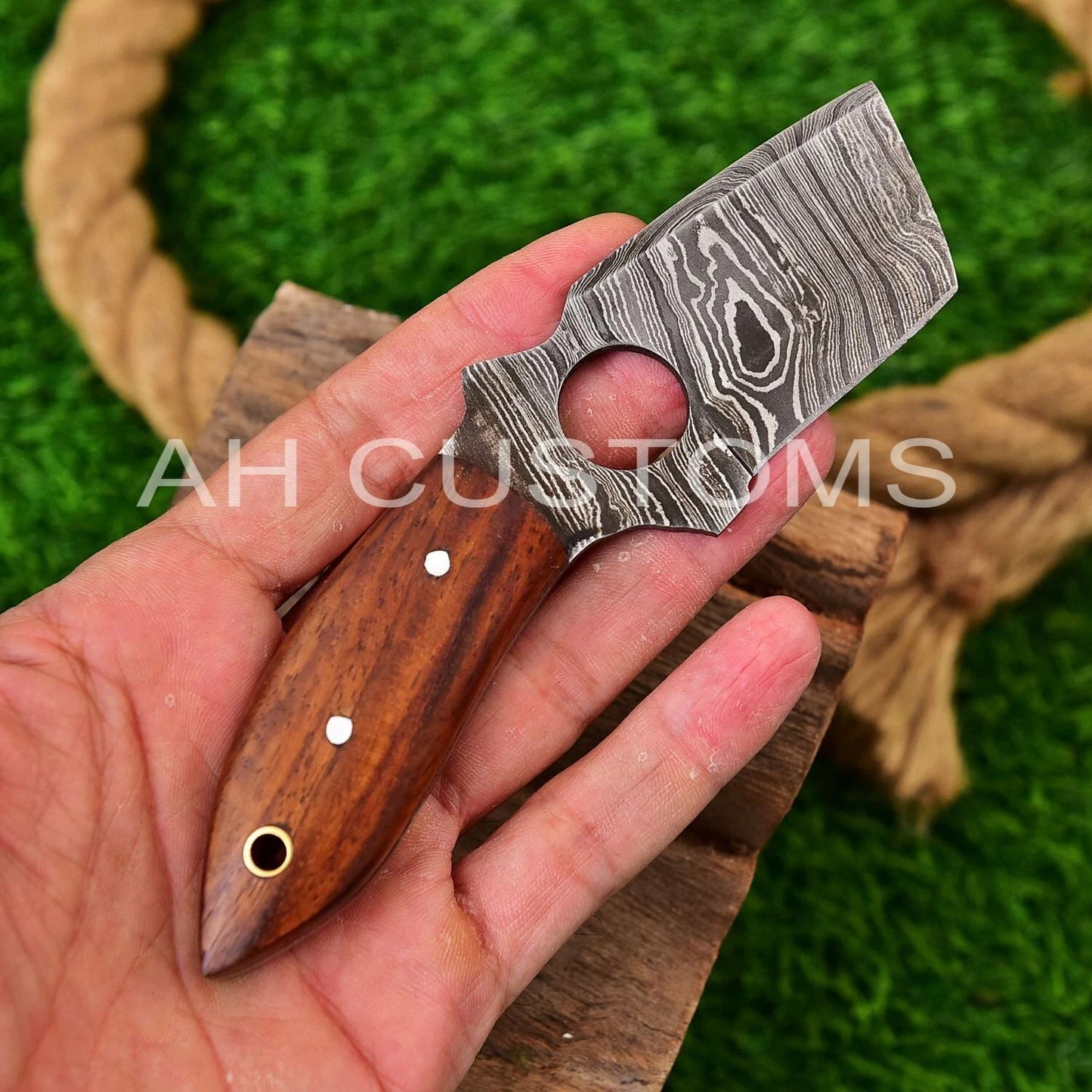 Custom Handmade Damascus Steel Fixed Blade Utility Tool with Wood Handle – 512 Layers Compact Collectible with Leather Sheath