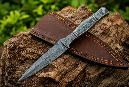 Hand Forged Damascus Steel Fixed Blade Utility Knife – Handmade Premium Damascus Handle with Leather Sheath