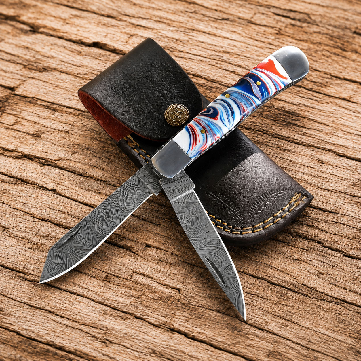 Custom Handmade Damascus Steel Double Blade Folding Utility Knife – Premium Trapper Style EDC with Leather Sheath