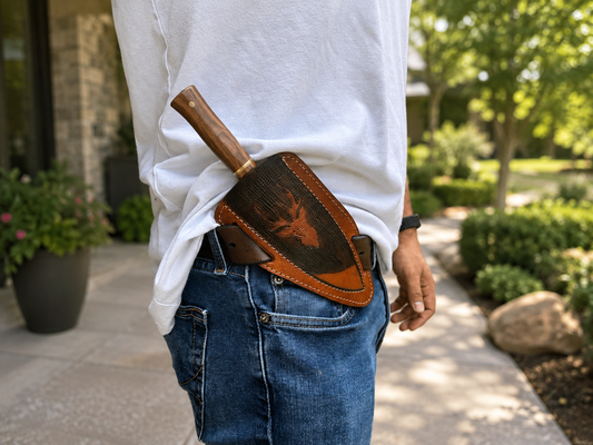 Stag Ridge Horizontal Leather Sheath – Hand Engraved Fixed Blade Belt Cover
