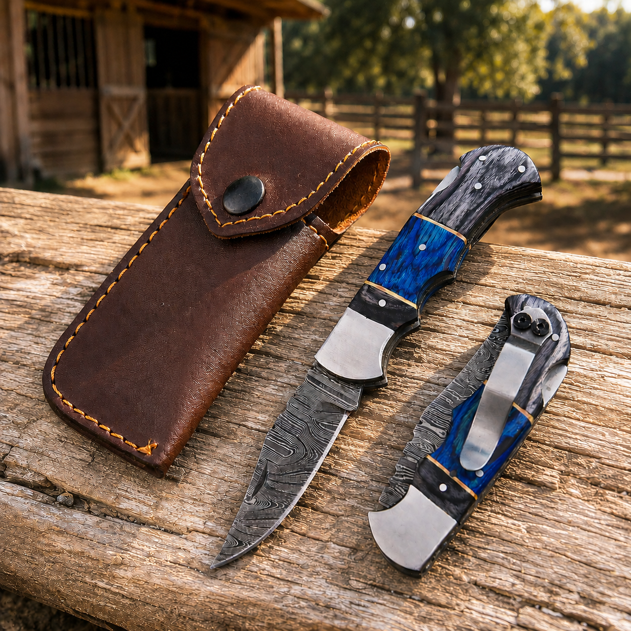 Hand Forged Damascus Folding Knife – Steel Bolster Pakka Wood Pocket Knife with Leather Sheath {Custom Engraving Available}