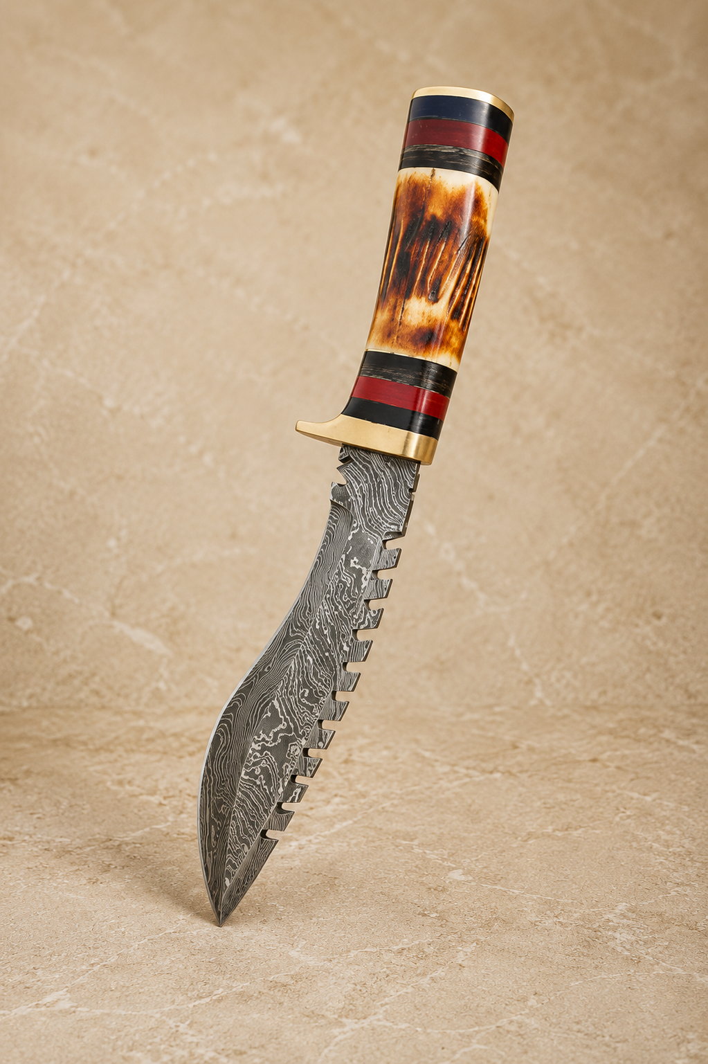 Heritage Curve Damascus Steel Utility Knife – 12” Hand Forged 512 Layer Blade with Camel Bone Handle & Leather Sheath