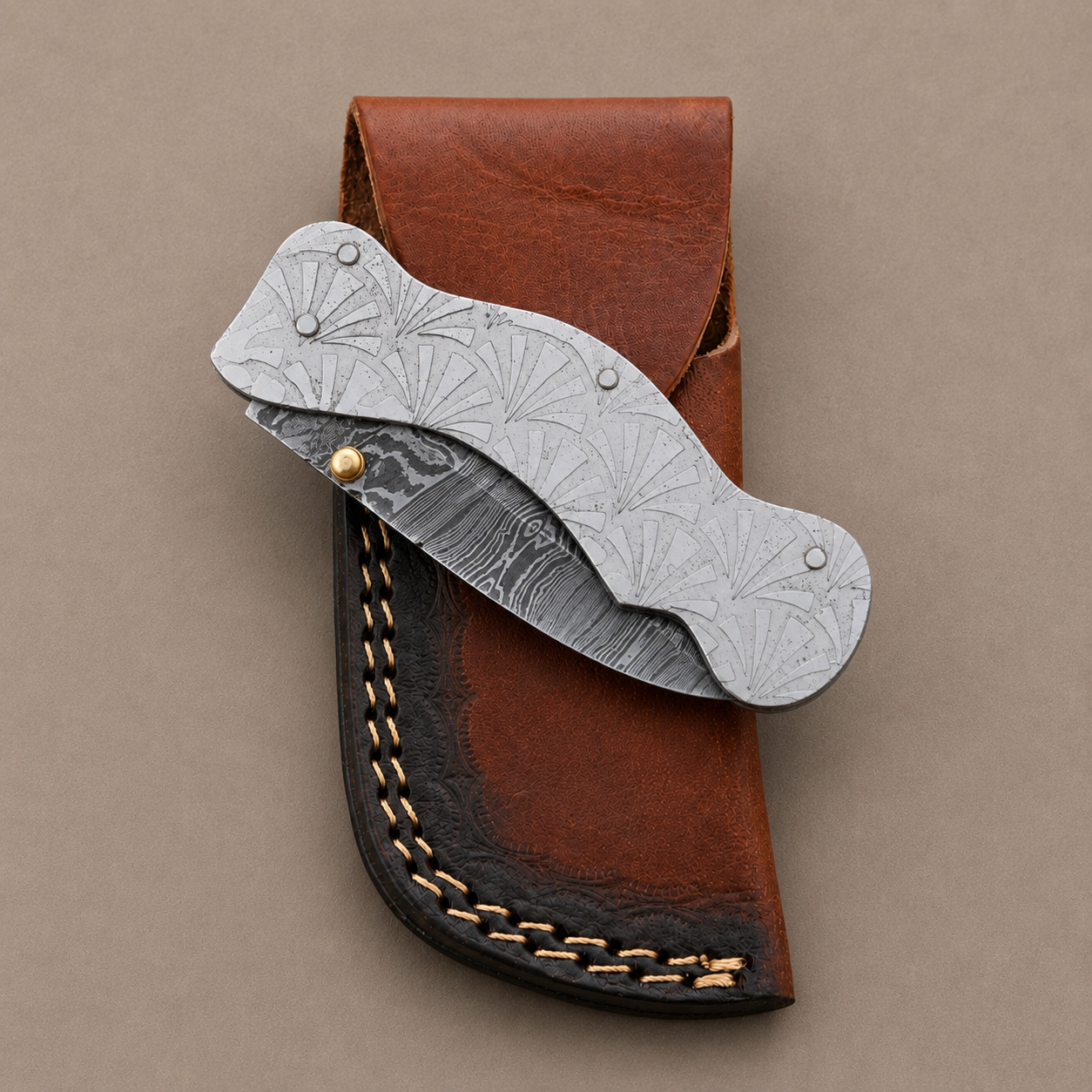 Hand Forged Damascus Steel Folding Pocket Knife with Engraved Steel Handle