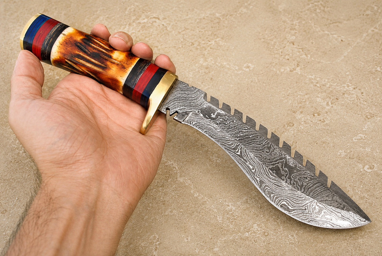 Heritage Curve Damascus Steel Utility Knife – 12” Hand Forged 512 Layer Blade with Camel Bone Handle & Leather Sheath