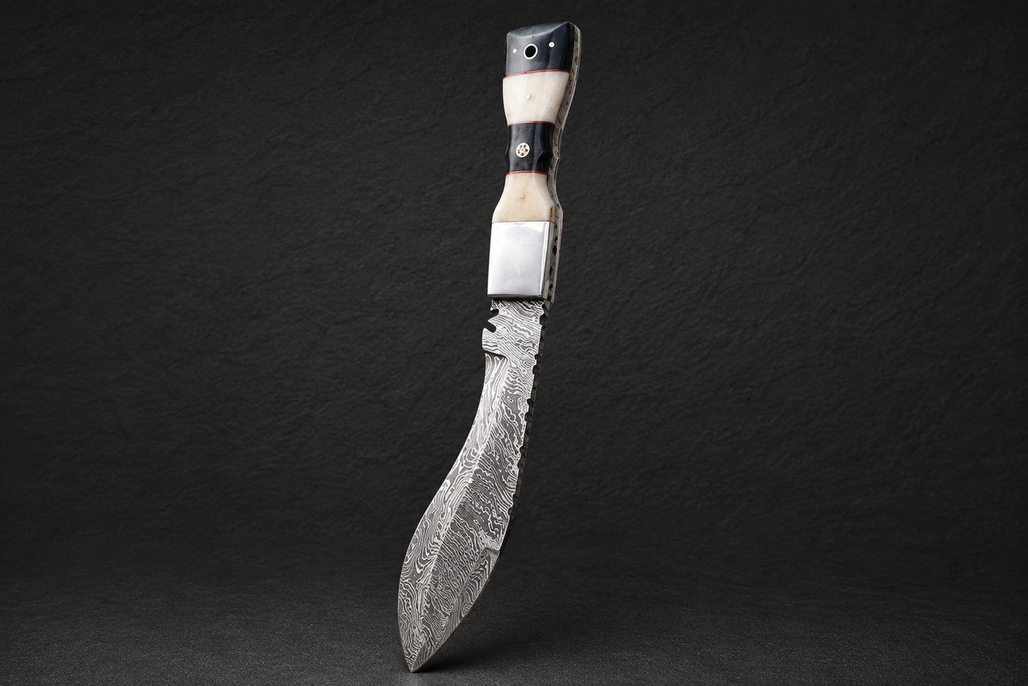 Heritage Curve Damascus Steel Utility Knife – 12” Hand Forged 512 Layer Blade with Bull Horn & Bone Handle, Leather Sheath