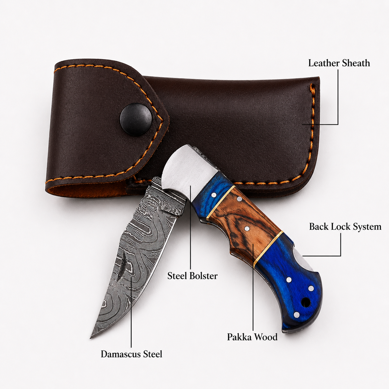 Handmade Folding Damascus Steel Pocket Knife – Pukka Wood Handle | Steel Bolster | Back Lock Design