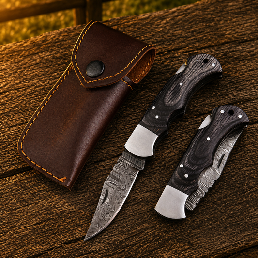 Artisan Folding Damascus Steel Pocket Knife – Black Pukka Wood Handle | Steel Bolster | Classic Back Lock