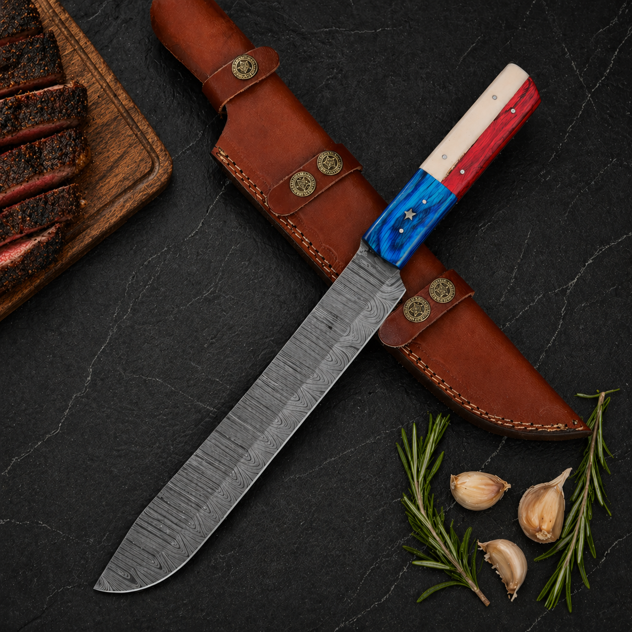 Hand Forged Damascus Steel Brisket Chef Knife – 10” Blade with Texas Flag Handle | 512 Layers