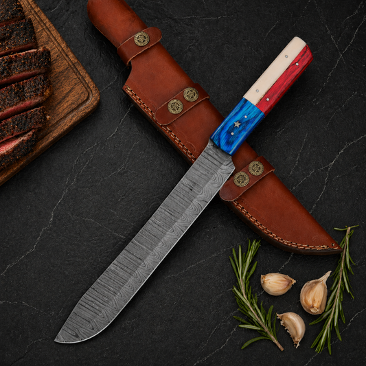 Hand Forged Damascus Steel Brisket Chef Knife – 10” Blade with Texas Flag Handle | 512 Layers