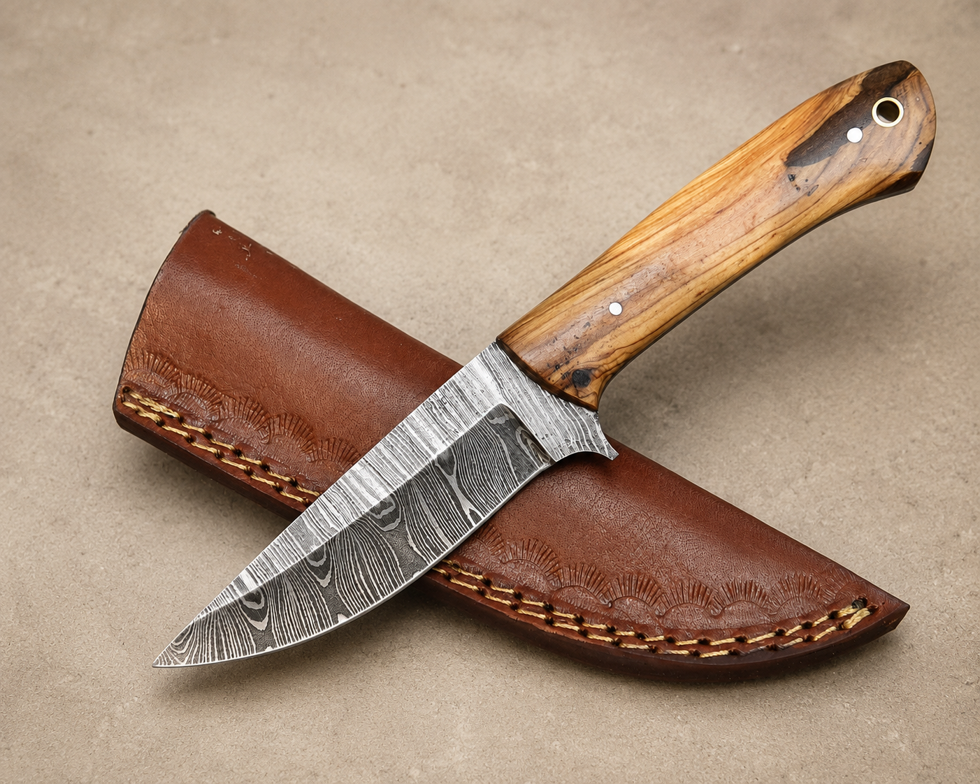 Twist Ridge Damascus Steel Knife – 512 Layer Hand Forged Blade with Wood Handle & Leather Sheath