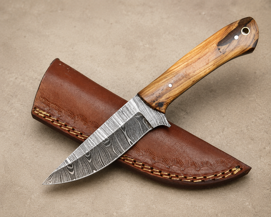 Twist Ridge Damascus Steel Knife – 512 Layer Hand Forged Blade with Wood Handle & Leather Sheath
