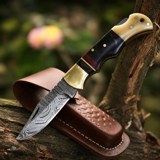 Handmade Damascus Steel Folding Pocket Tool – Back Lock Outdoor Utility with Leather Sheath