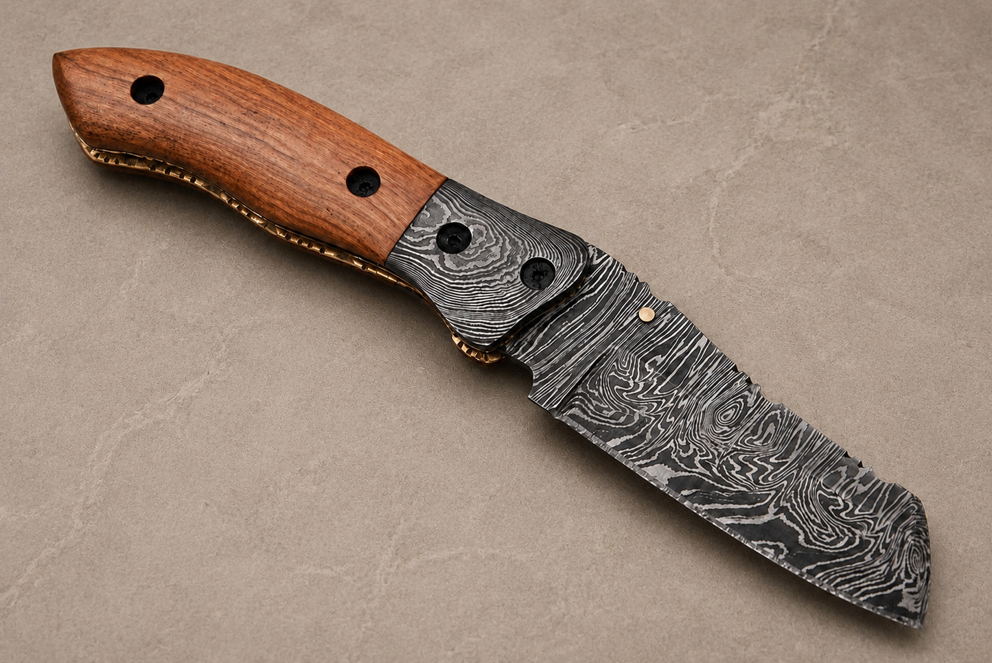 Handmade 512-Layer Damascus Steel Folding Utility Knife with Olive Wood Handle & Leather Sheath