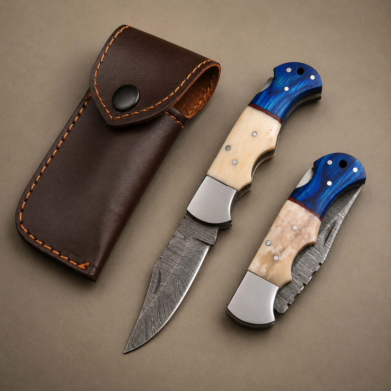 Blue Ridge Damascus Folding Knife – Bone & Blue Wood Handle with Custom Engraving