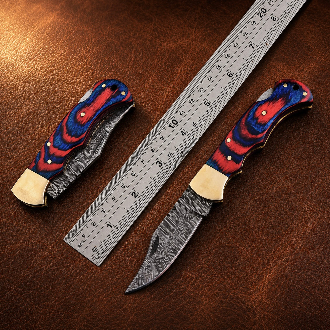Heritage Damascus Folding Knife – Hand Forged Steel with Pukka Wood Handle, Brass Bolster & Leather Sheath