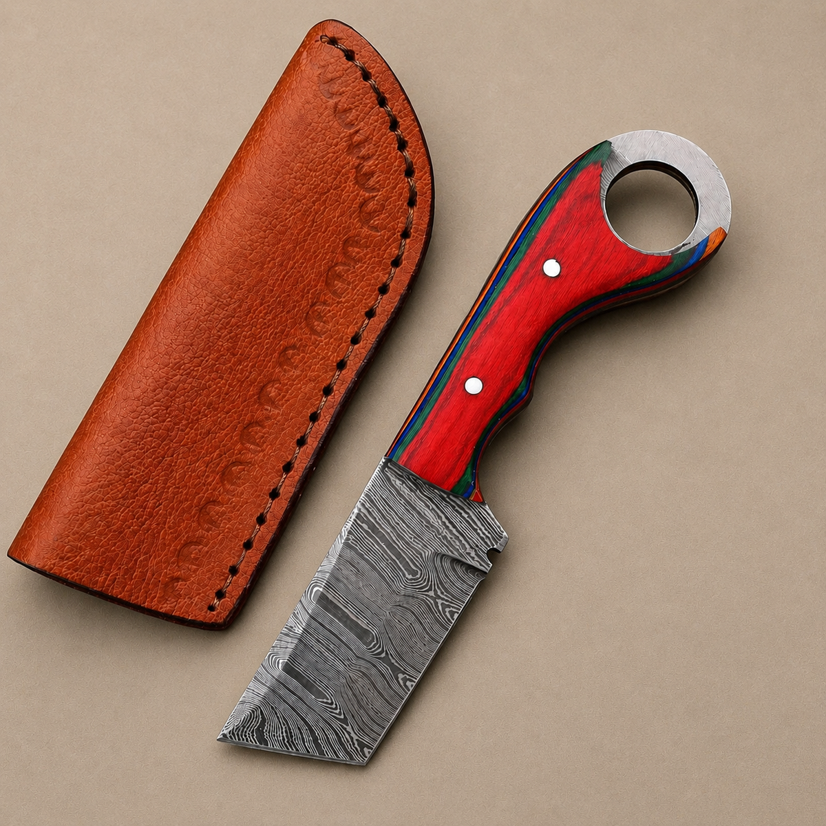 Custom Hand-Forged Damascus Steel Compact Utility Tool with Wood Handle – 512 Layers Handmade Collectible with Leather Sheath