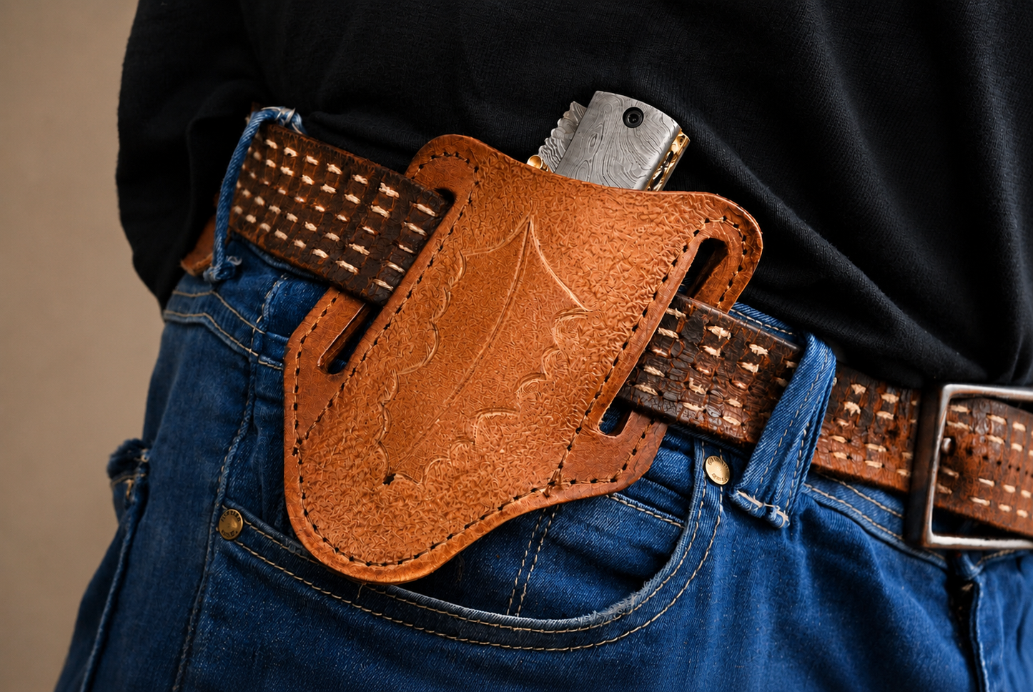 Handmade Engraved Leather Horizontal Sheath for Folding Pocket Knife – Universal 5 Inch Cover