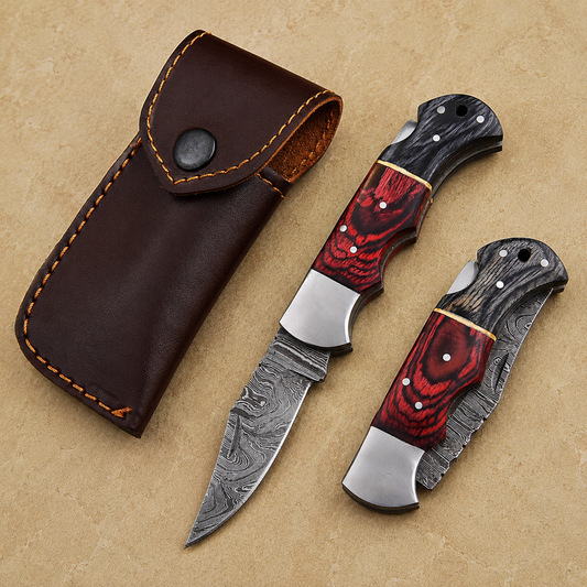 Crimson Edge Damascus Steel Folding Knife – Red & Black Pukka Wood Handle, Steel Bolster & Classic Back Lock Custom Engraving Available