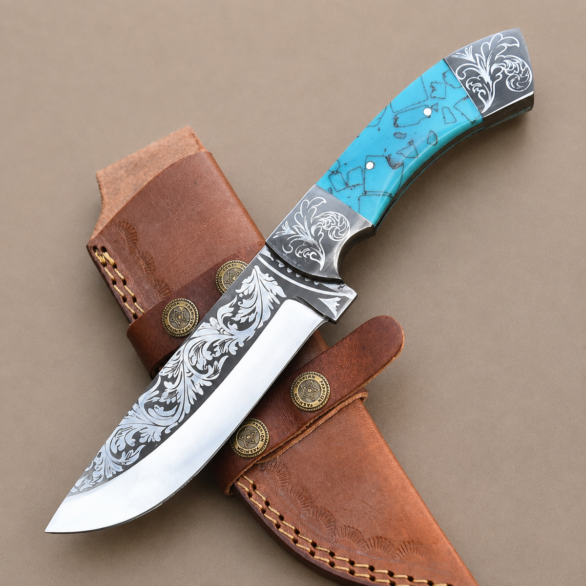 Handmade High Polish Carbon Steel Outdoor Utility Knife with Leather Sheath