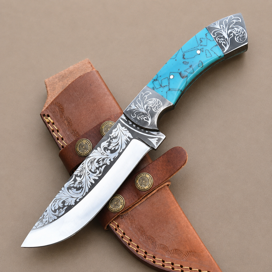 Handmade High Polish Carbon Steel Outdoor Utility Knife with Leather Sheath
