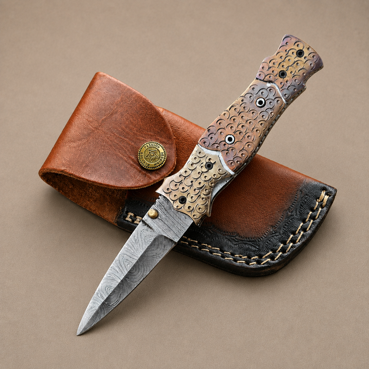 Hand Forged Damascus Steel Folding Pocket Knife with Engraved Steel Bolster