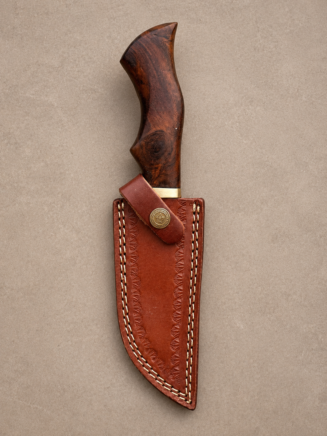 Frontier Forge Damascus Steel Knife – 512 Layer Hand Forged Blade with Stained Wood Handle, Brass Guard & Leather Sheath
