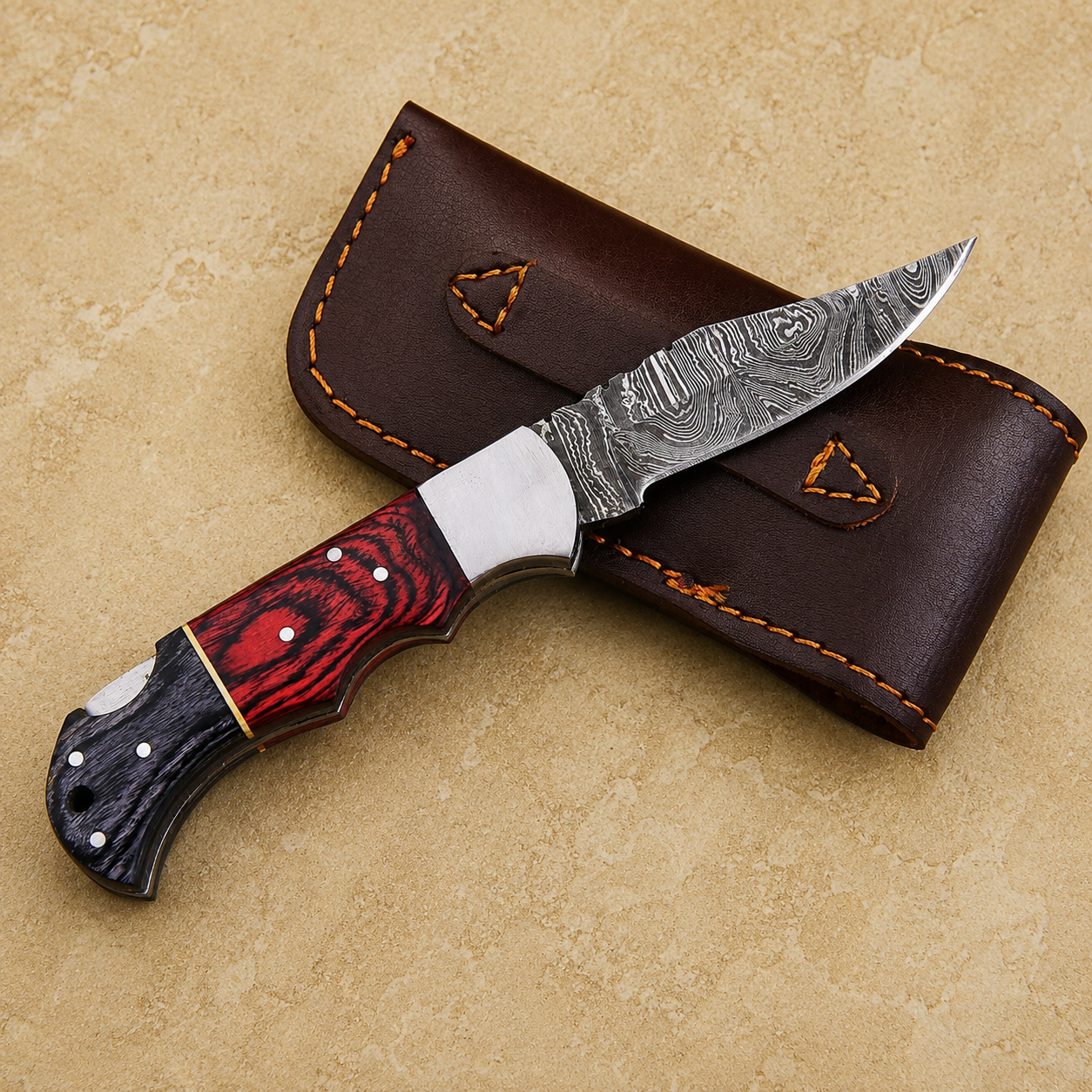 Crimson Edge Damascus Steel Folding Knife – Red & Black Pukka Wood Handle, Steel Bolster & Classic Back Lock Custom Engraving Available