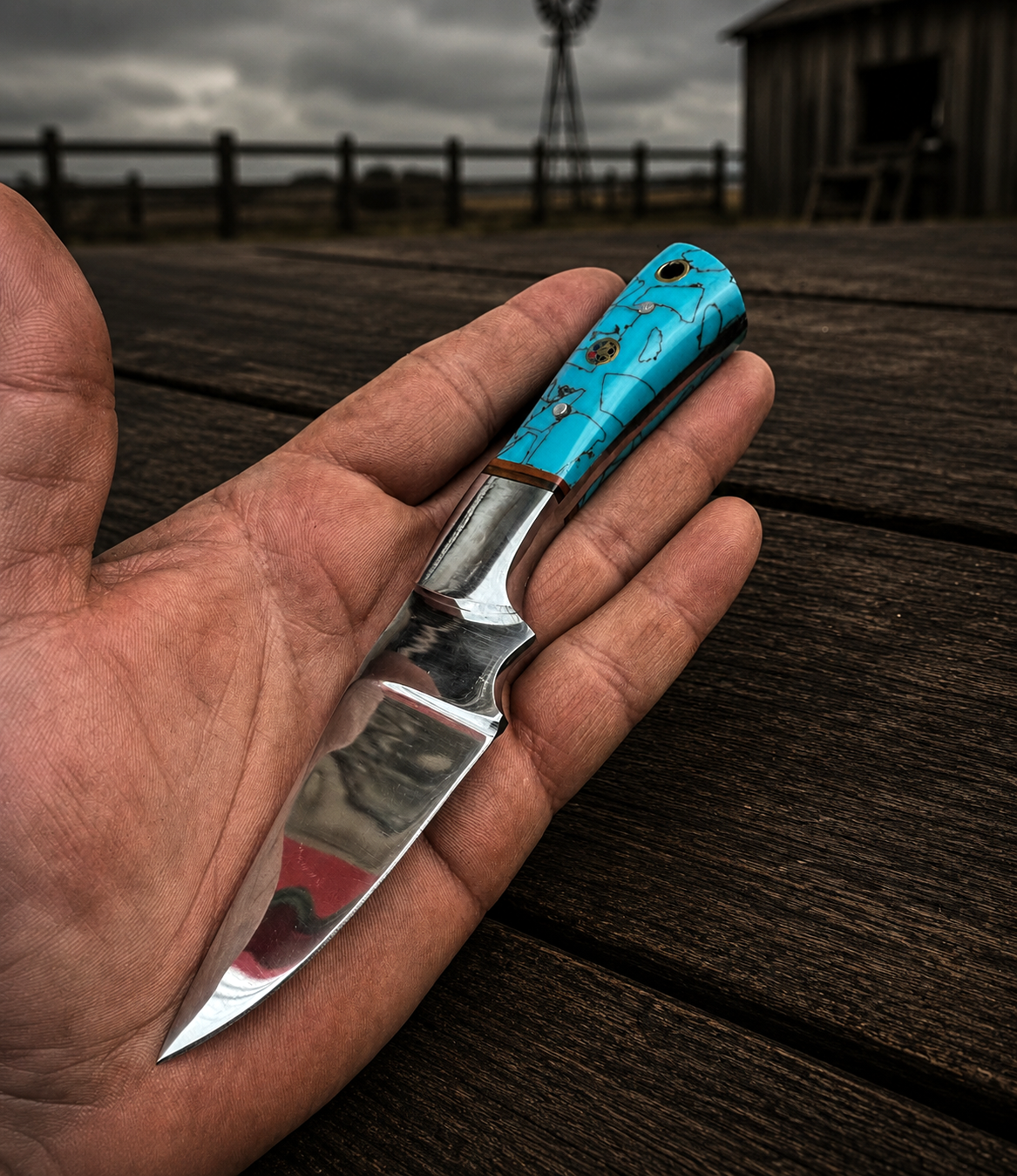 Handmade D2 Steel Fixed Blade Knife with Resin Handle & Leather Sheath – Mirror Polished Finish