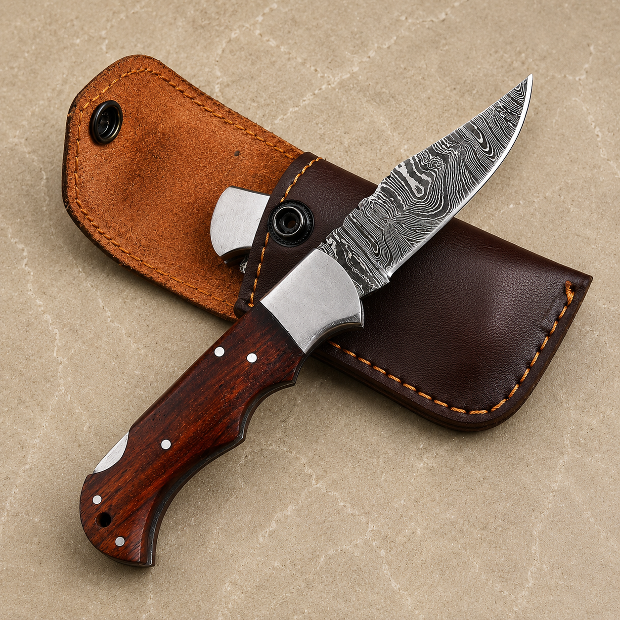 Artisan Damascus Folding Knife – Mocha Brown Rose Wood Handle