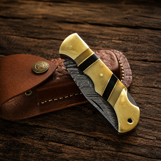 Handcrafted Damascus Steel Folding Utility Knife – Premium EDC Outdoor Essential with Camel Bone & Brass Handle
