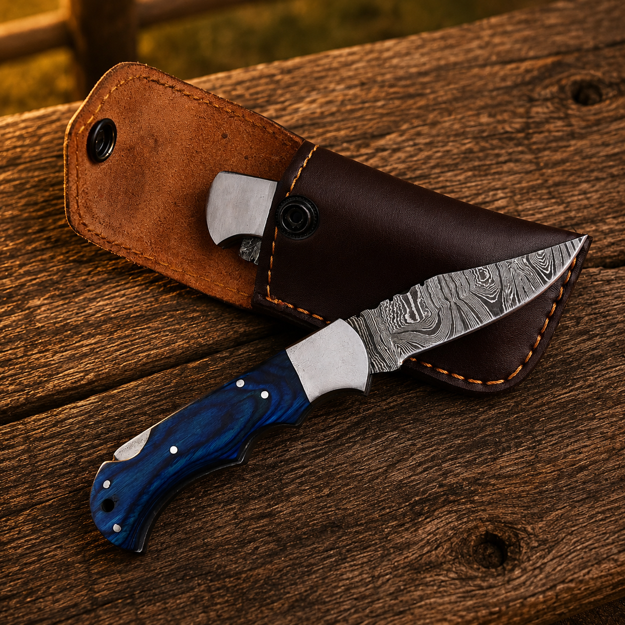 Artisan Folding Damascus Steel Pocket Knife – Blue Pukka Wood Handle | Steel Bolster | Classic Back Lock