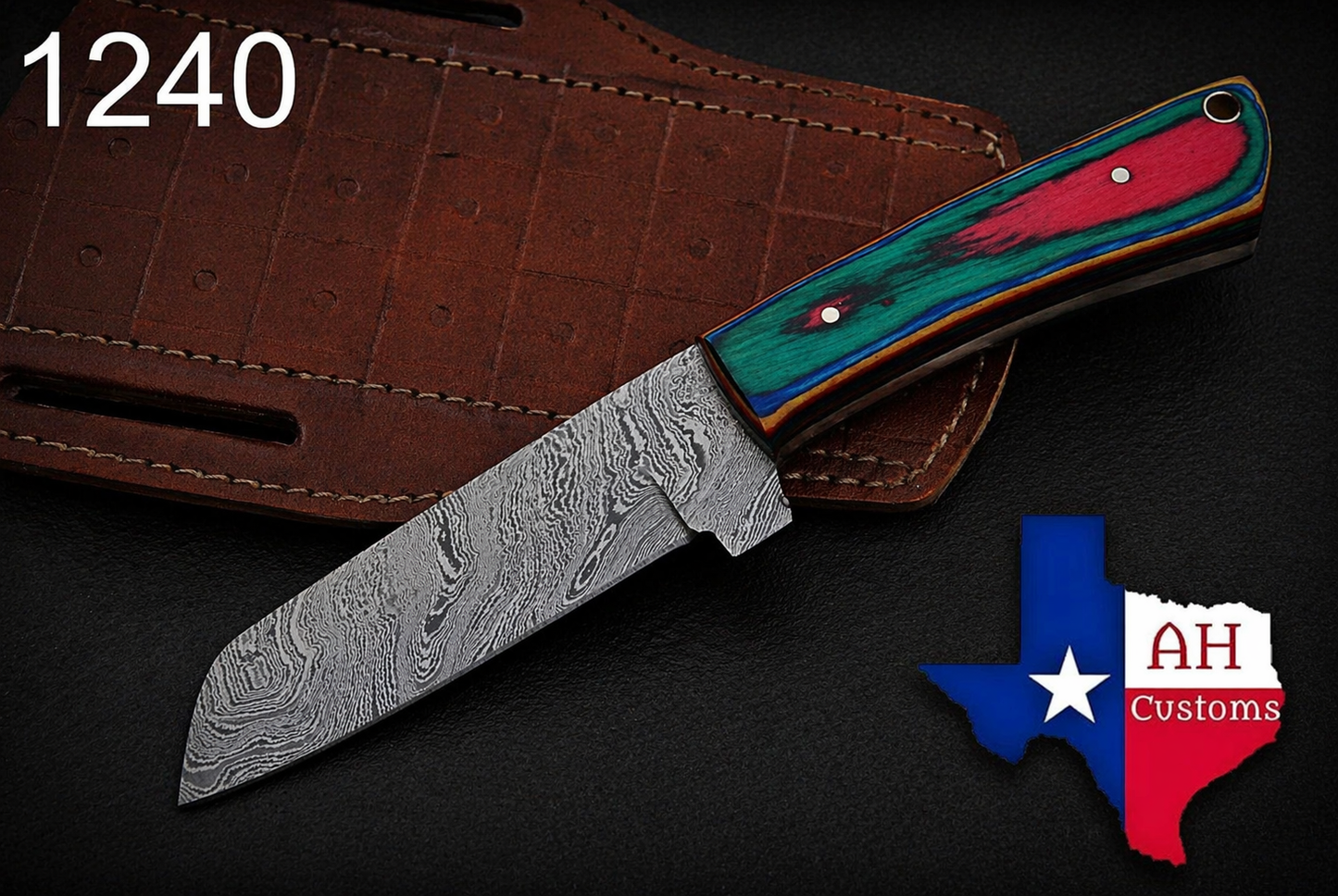Hand Forged Damascus Steel Fixed Blade Tool with Wood Handle – Compact Utility Tool with Leather Sheath