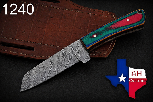 Hand Forged Damascus Steel Fixed Blade Tool with Wood Handle – Compact Utility Tool with Leather Sheath