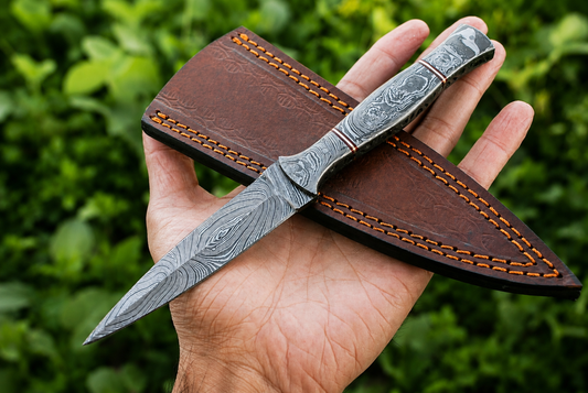 Hand Forged Damascus Steel Fixed Blade Utility Knife – Handmade Premium Damascus Handle with Leather Sheath