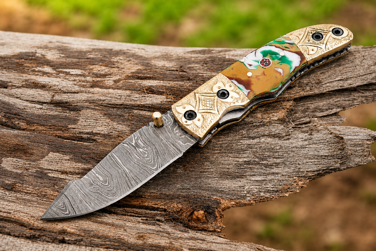 Hand Forged Damascus Steel Folding Pocket Knife – 512 Layers with Wood & Steel Bolster Handle and Leather Sheath