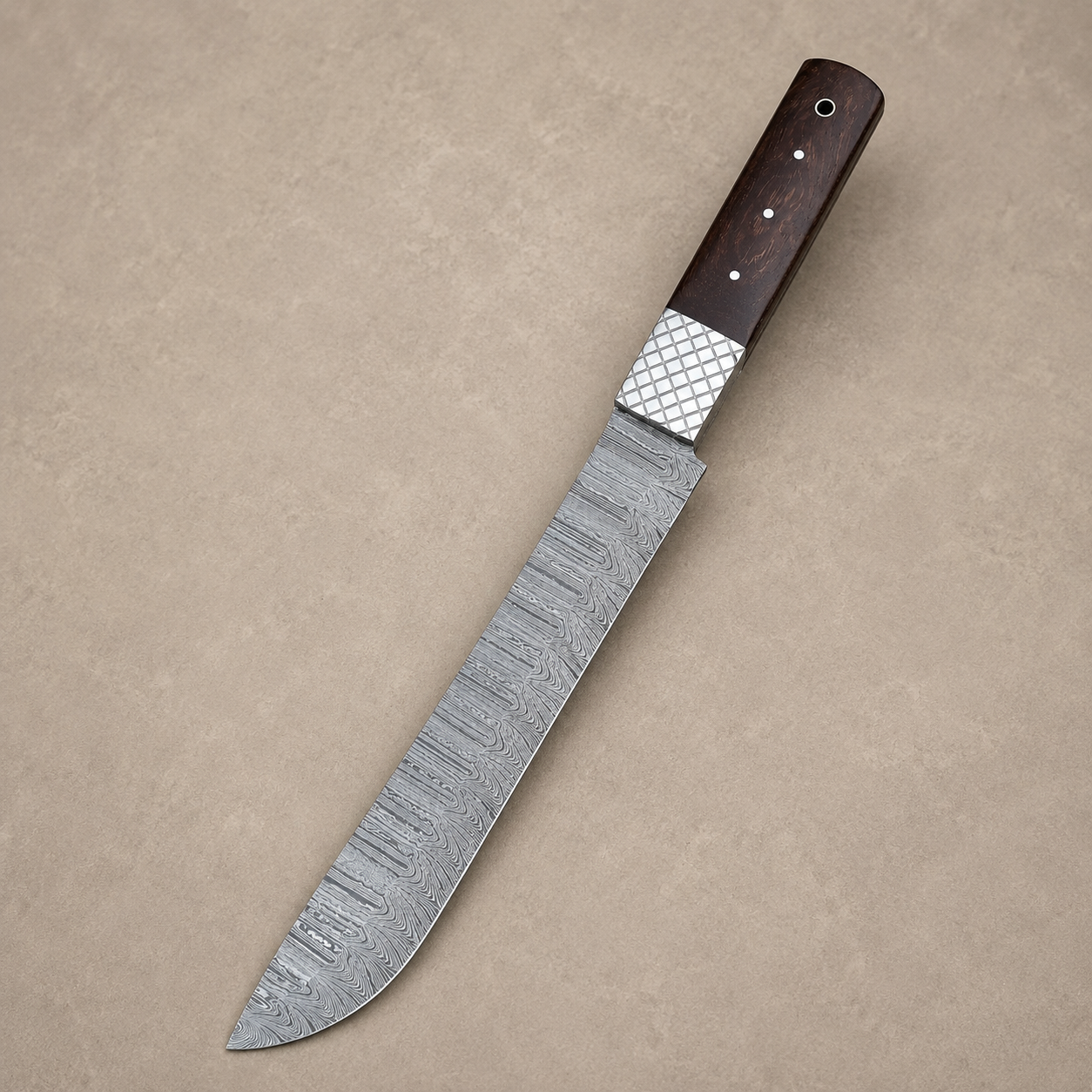 Smokehouse Damascus Brisket Knife – 15-Inch Hand Forged Chef Knife with Wood Handle & Leather Sheath