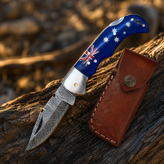 Hand Forged Damascus Steel Folding Knife – 4” Pocket Knife with Flag Handle & Leather Sheath (512 Layers)